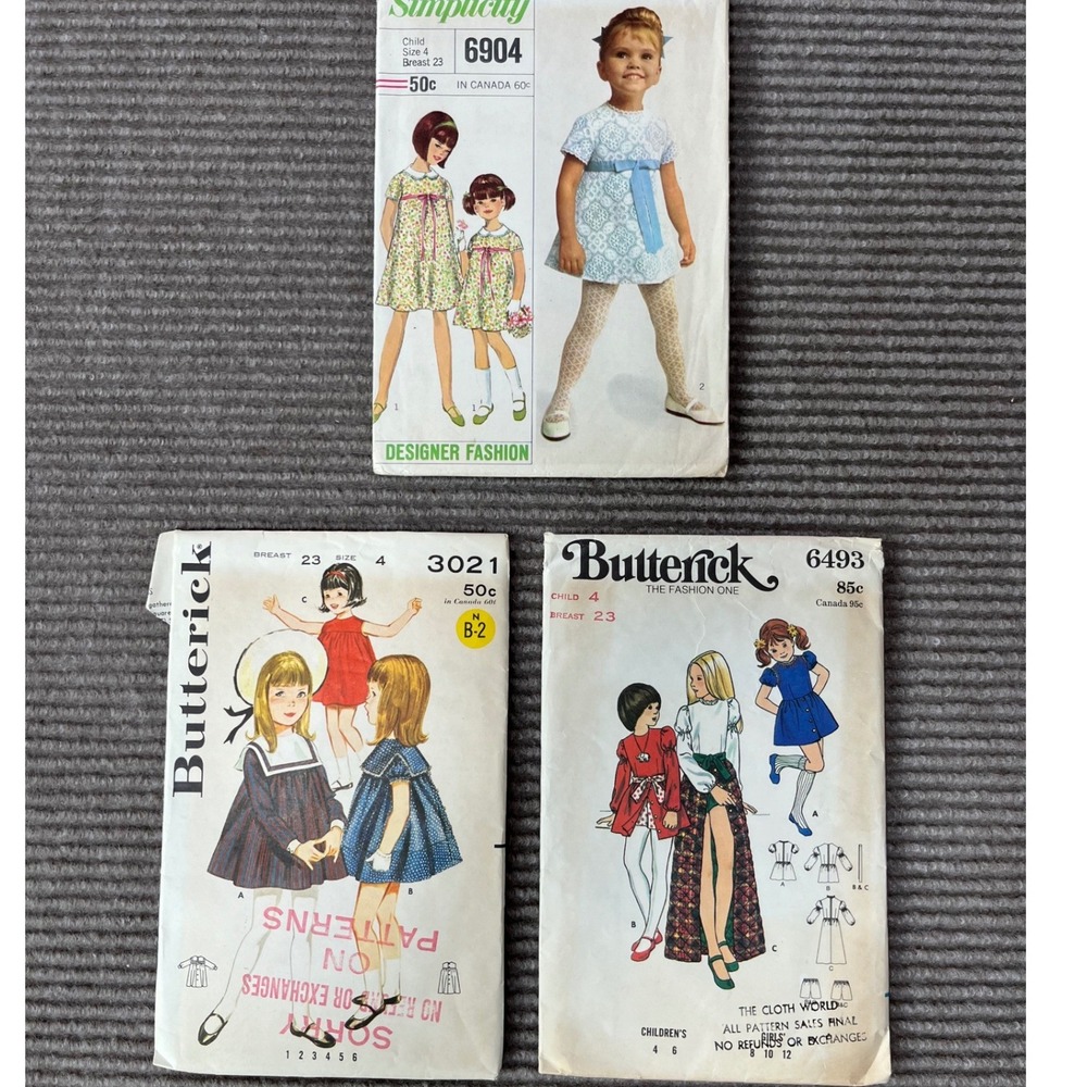 Vintage 1960s 70s Girls Dress Sewing Patterns Simplicity Butterick Size 4 Lot 3